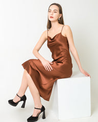 Elegant Silk Dress with Light Cowl Neckline, Brown