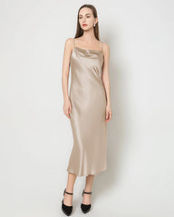 Elegant Silk Dress with Light Cowl Neckline, Champagne