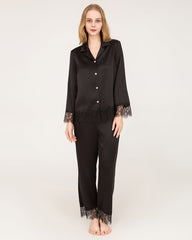 Elegant Lace Trim Silk Pajamas Set