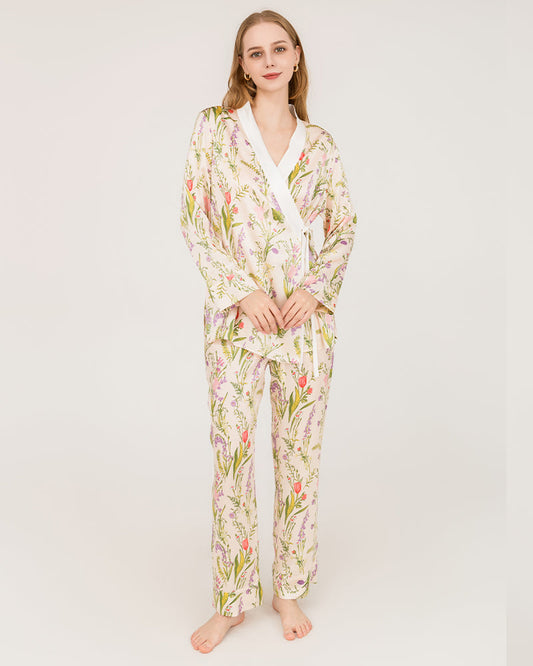 Floral Print Wrap Silk Pajama Set