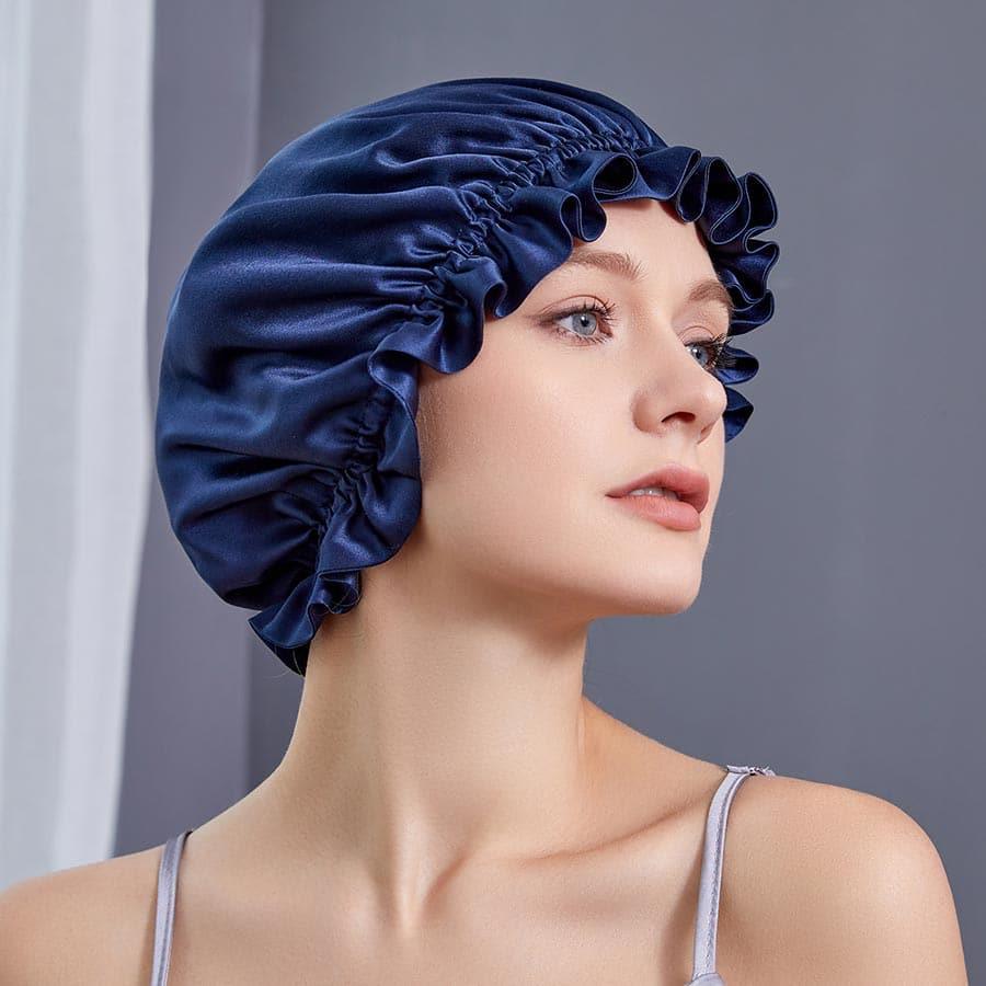 Flounced Silk Night Sleep Caps, Navy