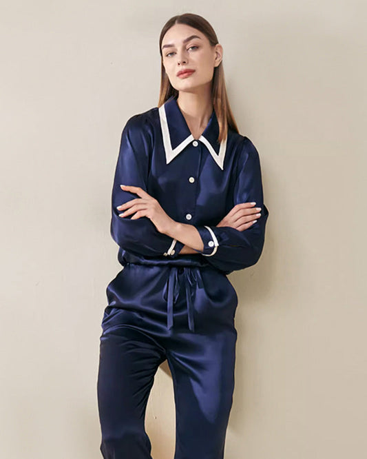 Peaked Collar Silk Pajamas, Navy