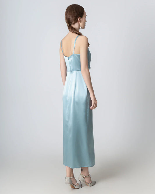 High Slit Cowl V-neck Maxi Silk Dress, Haze Blue