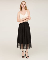 Black Silk Midi Skirt with Tulle Layer