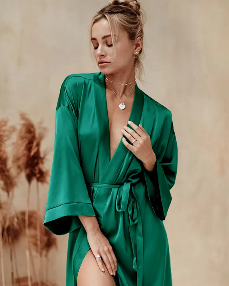 Knee-Length Silk Robe, Dark Green