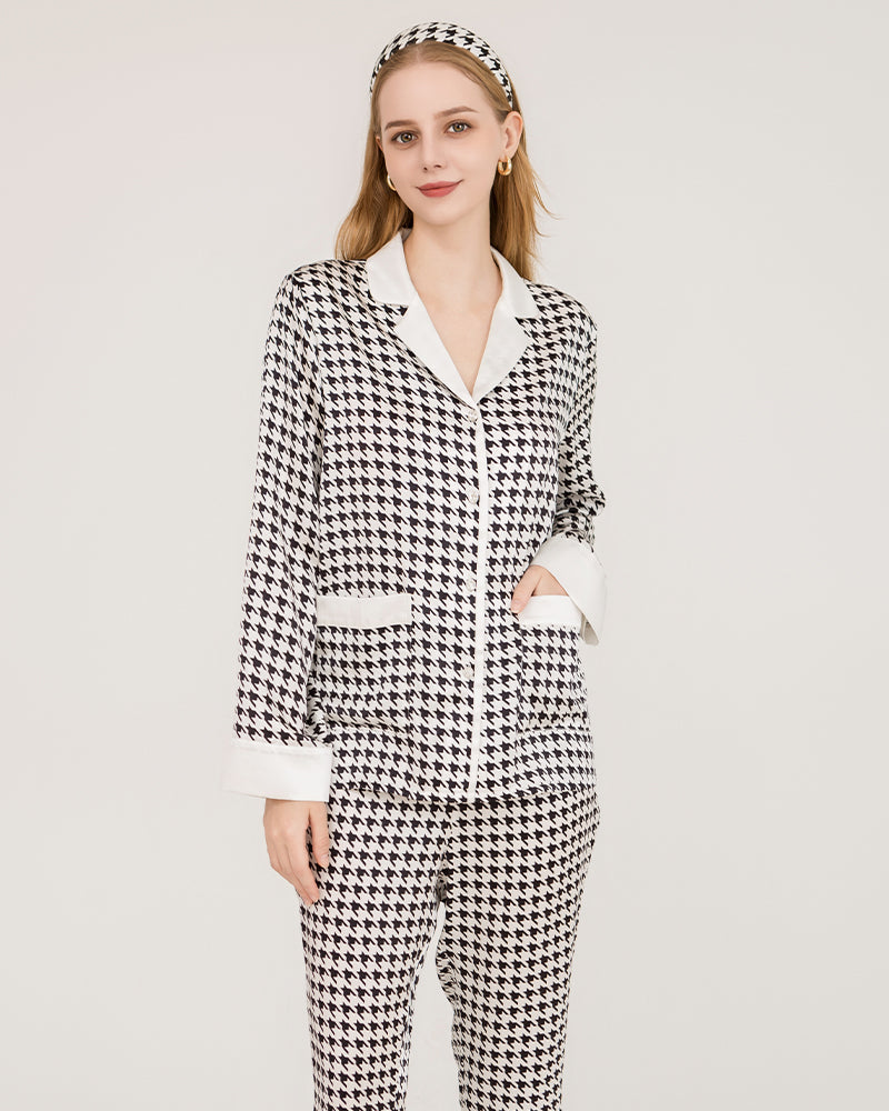 Houndstooth Silk Pajamas with Swarovski Buttons - DAISYSILK UK