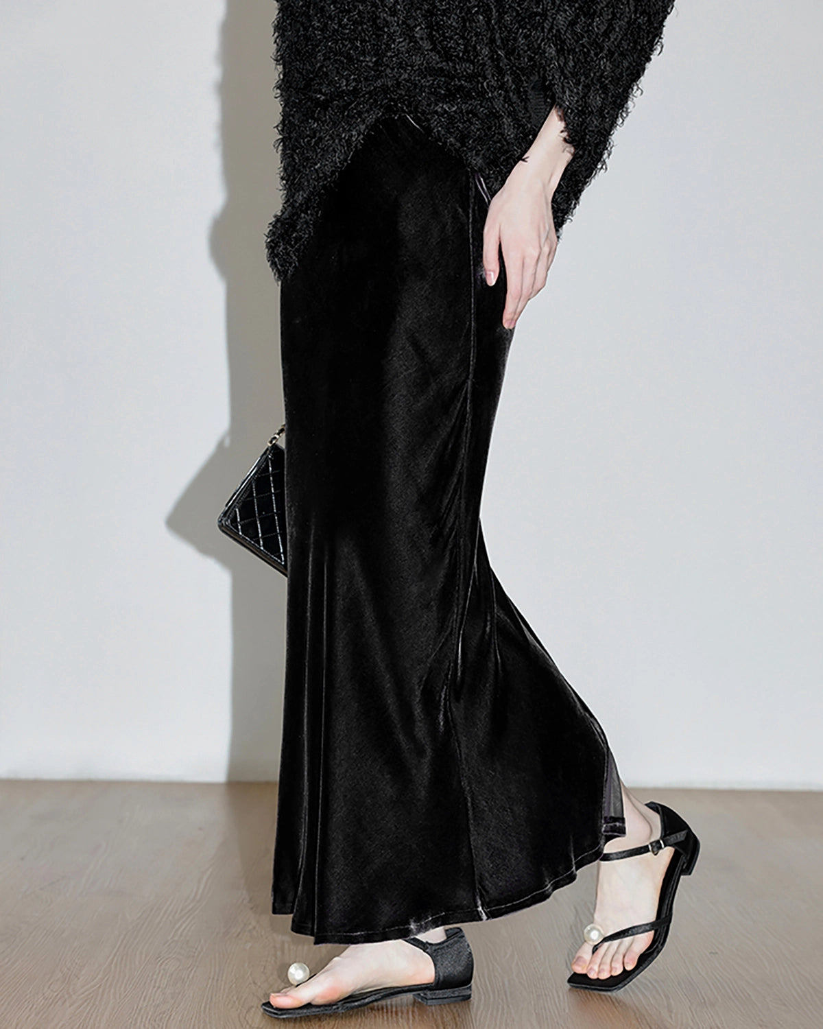 Silk Velvet Side Slit Maxi Skirt, Black
