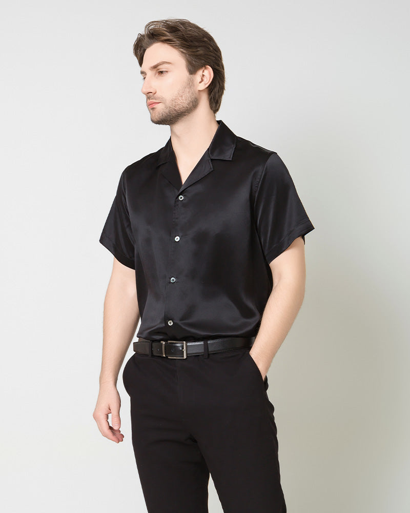 Men's Silk Short Sleeve Business Shirt, Black