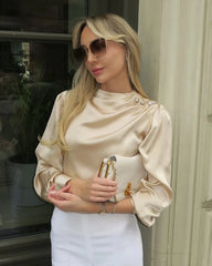 Mock Neck Silk Blouse with Pearl Button, Champagne