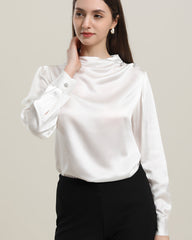 Mock Neck Silk Blouse with Pearl Button, White