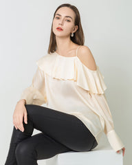 One-shoulder Ruffle Silk Shirt, Champagne
