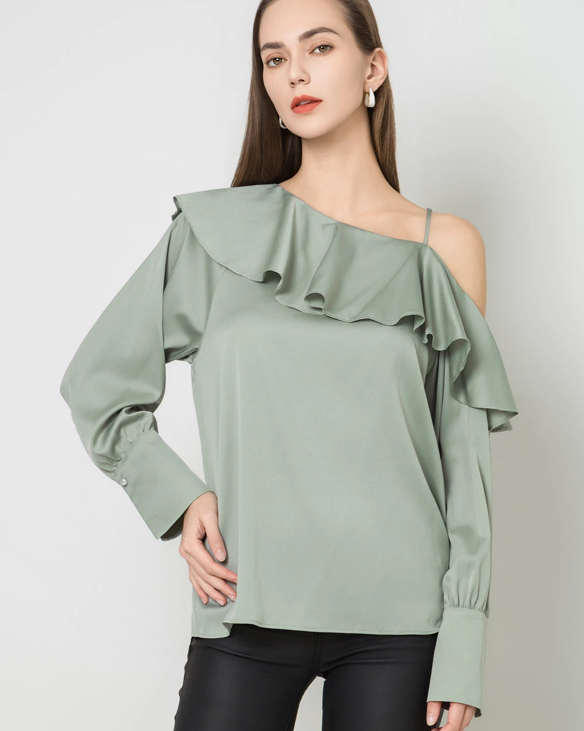 One Shoulder Ruffle Long Sleeves Silk Shirt - DAISYSILK UK