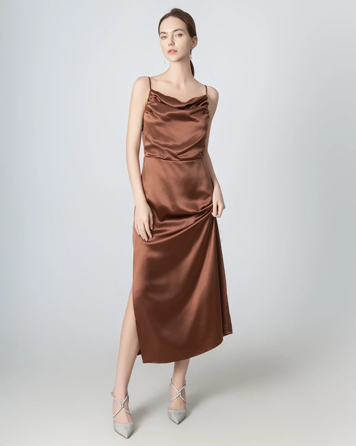 Pleated Cowl Neck Slit Maxi Silk Dress, Brown