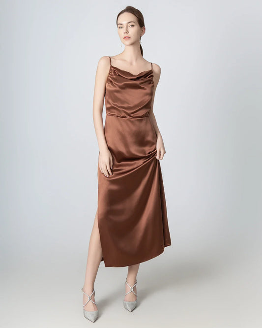 Pleated Cowl Neck Slit Maxi Silk Dress, Brown