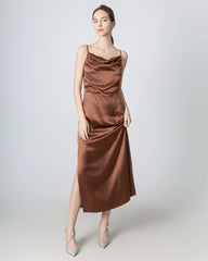 Pleated Cowl Neck Slit Maxi Silk Dress, Brown