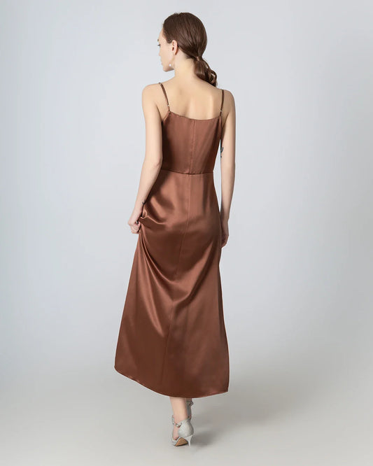 Pleated Cowl Neck Slit Maxi Silk Dress, Brown