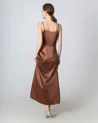 Pleated Cowl Neck Slit Maxi Silk Dress, Brown