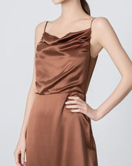 Pleated Cowl Neck Slit Maxi Silk Dress, Brown