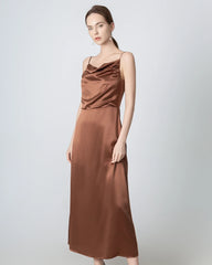 Pleated Cowl Neck Slit Maxi Silk Dress, Brown