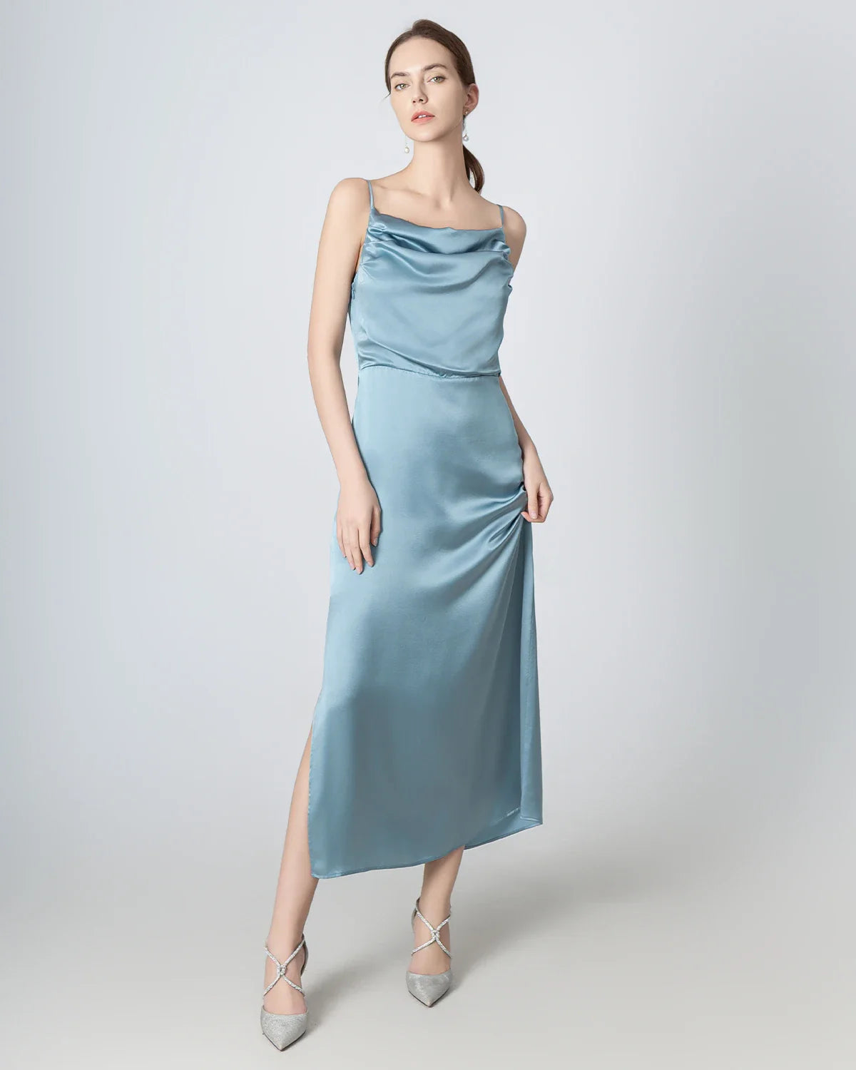 Pleated Cowl Neck Slit Maxi Silk Dress, Haze Blue
