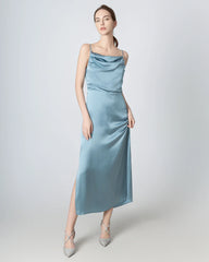 Pleated Cowl Neck Slit Maxi Silk Dress, Haze Blue