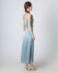 Pleated Cowl Neck Slit Maxi Silk Dress, Haze Blue