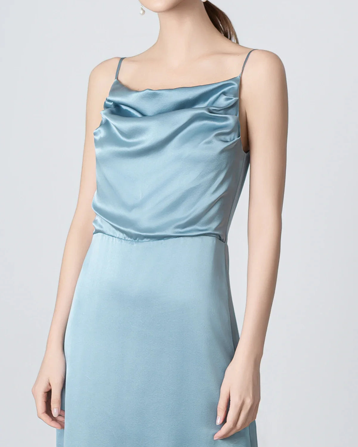 Pleated Cowl Neck Slit Maxi Silk Dress, Haze Blue