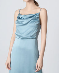 Pleated Cowl Neck Slit Maxi Silk Dress, Haze Blue