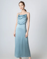 Pleated Cowl Neck Slit Maxi Silk Dress, Haze Blue