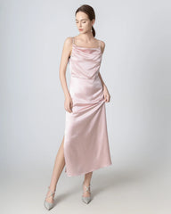 Pleated Cowl Neck Slit Maxi Silk Dress, Pink
