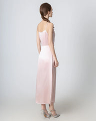 Pleated Cowl Neck Slit Maxi Silk Dress, Pink