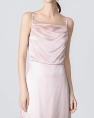 Pleated Cowl Neck Slit Maxi Silk Dress, Pink