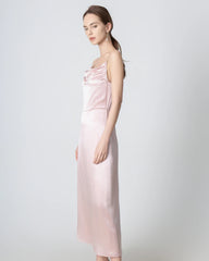 Pleated Cowl Neck Slit Maxi Silk Dress, Pink