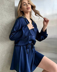 Plus Size Silk Shirts and Shorts PJs, Navy