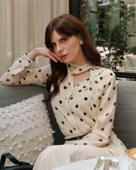 Polka Dot Tie Front Silk Blouse, Cream and Black