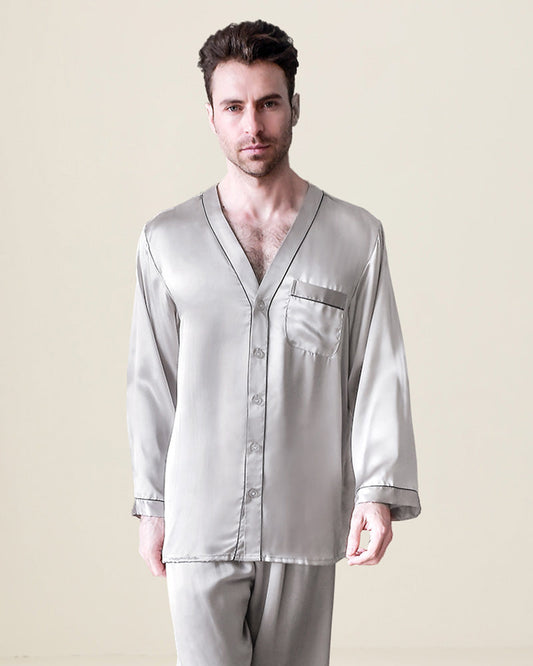Pure Silk Men's Lapel Pajama Set 2Pcs