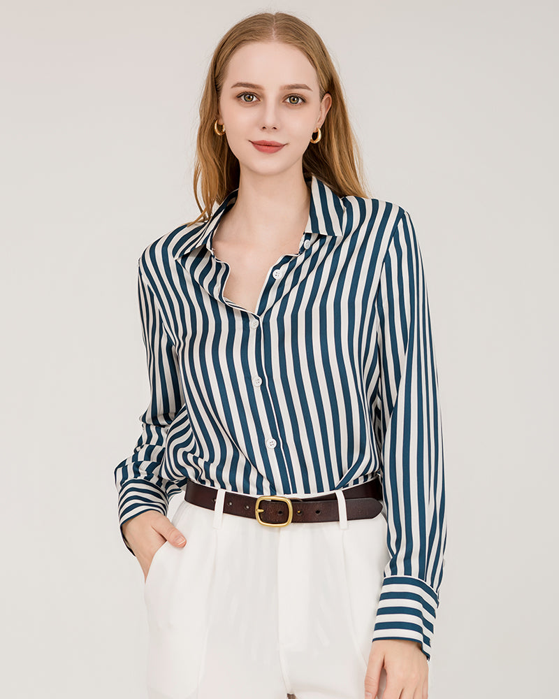 Relaxed Fit Vertical Stripe Silk Shirts - DAISYSILK UK