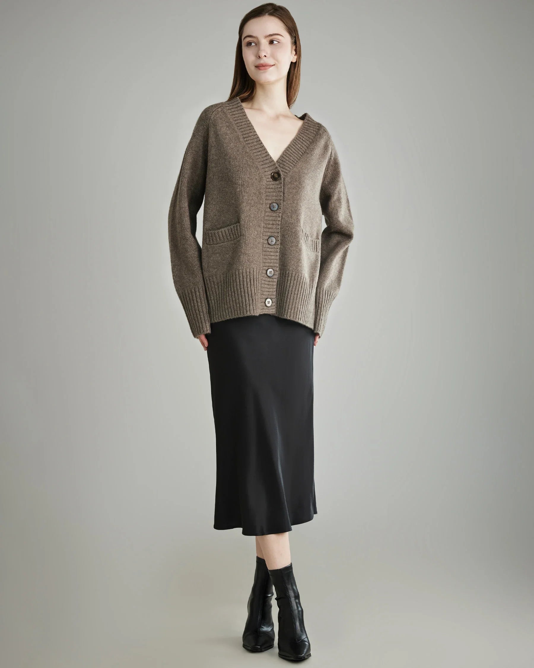 Relaxed V-Neck Cashmere Cardigan, Brown