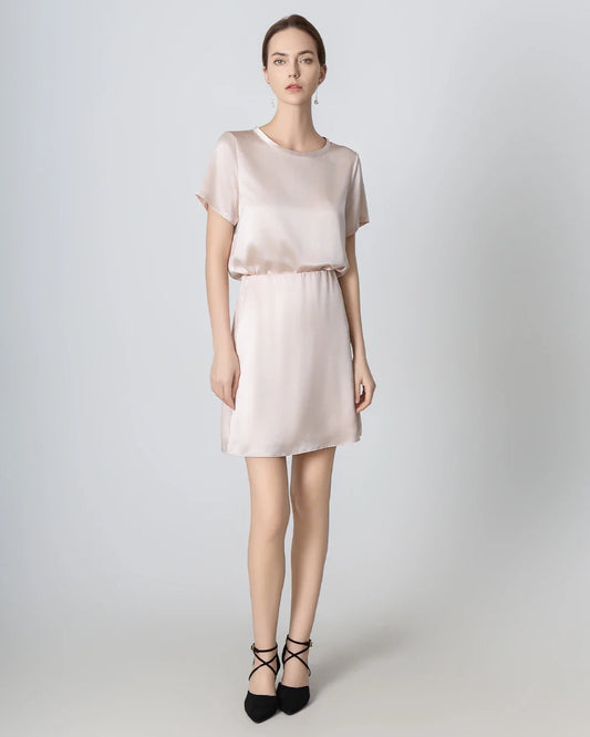 Round Neck Short Silk Shirt and Silk Mini Skirt Set, Pink