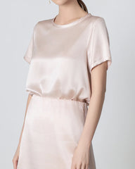 Round Neck Short Silk Shirt and Silk Mini Skirt Set, Pink