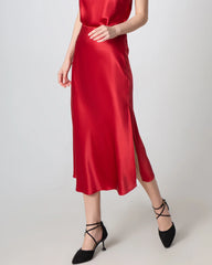 Round Neck Silk Camisole and Silk Midi Skirt Set, Red