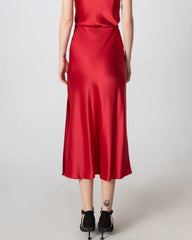 Round Neck Silk Camisole and Silk Midi Skirt Set, Red