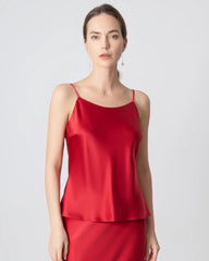 Round Neck Silk Camisole and Silk Midi Skirt Set, Red