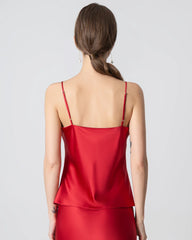 Round Neck Silk Camisole and Silk Midi Skirt Set, Red