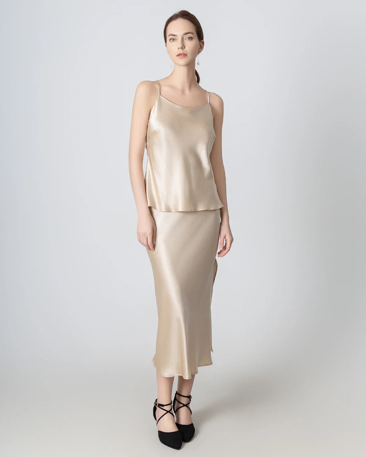Round Neck Silk Camisole and Silk Midi Skirt Set, Champagne