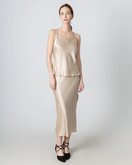 Round Neck Silk Camisole and Silk Midi Skirt Set, Champagne