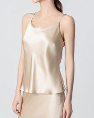 Round Neck Silk Camisole and Silk Midi Skirt Set, Champagne