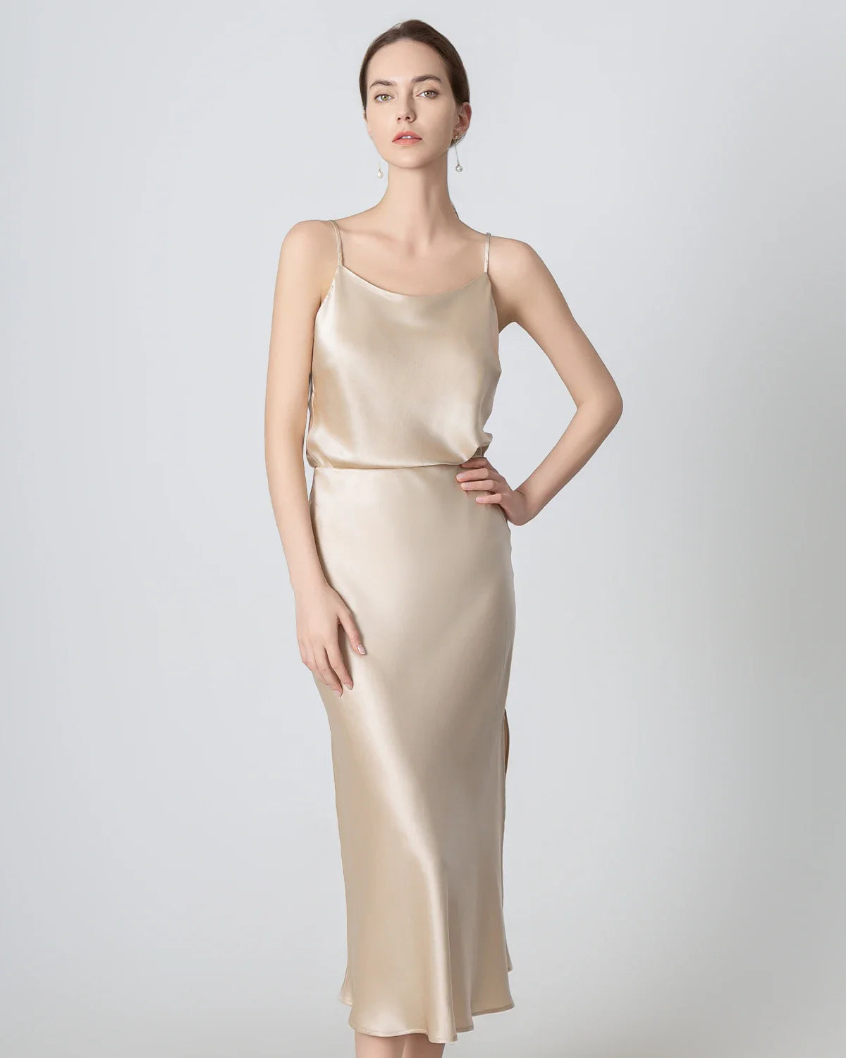 Round Neck Silk Camisole and Silk Midi Skirt Set, Champagne
