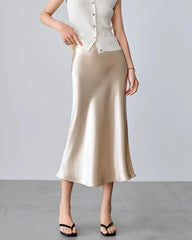 Round Neck Silk Camisole and Silk Midi Skirt Set, Champagne