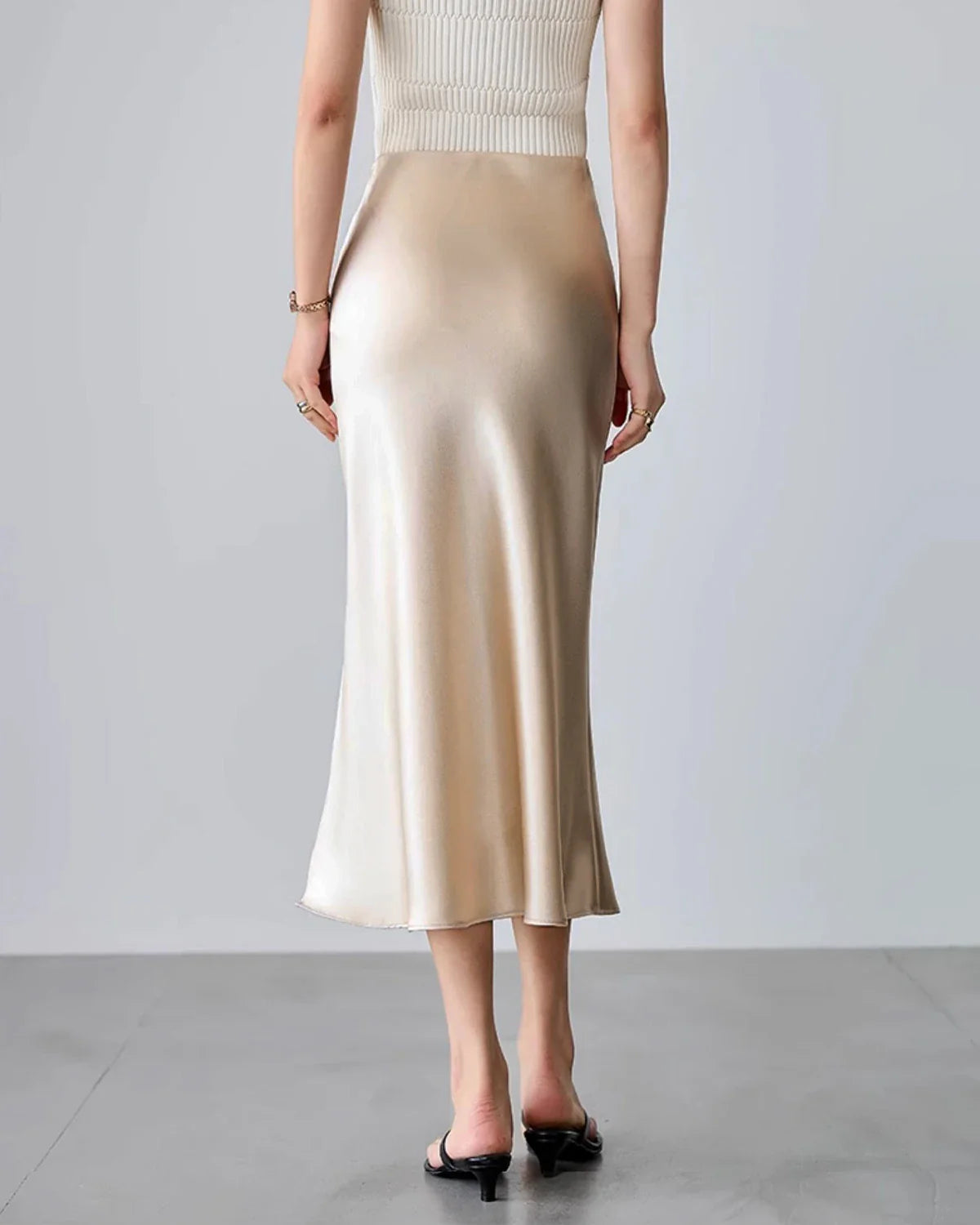 Round Neck Silk Camisole and Silk Midi Skirt Set, Champagne